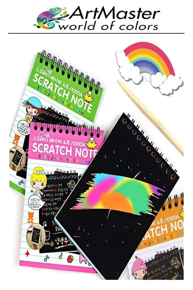 Gökkuşağı Kazıma Defteri Sihirli A5 15x20 cm 1 Paket 10 Sayfa Spiralli Scratch Note Spralli Siyah Sihirli Resim Defteri - 2