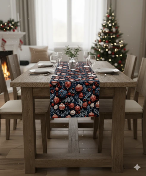 Yılbaşı Lacivert Küreler Desenli Dijital Baskılı Runner 140 cm x 45 cm - Resim 3