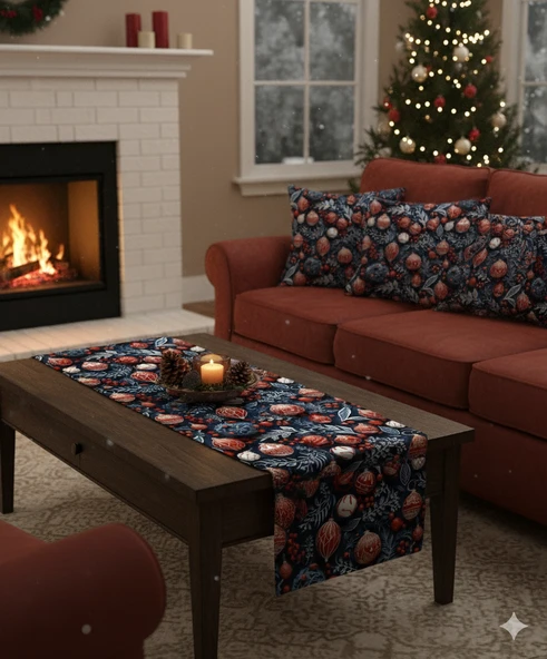 Yılbaşı Lacivert Küreler Desenli Dijital Baskılı Runner 140 cm x 45 cm - Resim 6