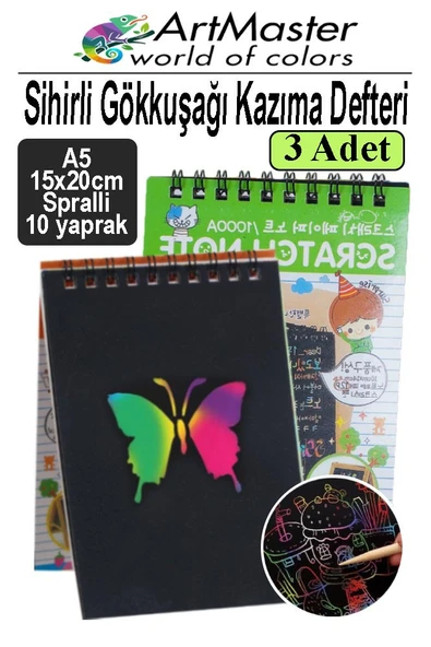 Gökkuşağı Kazıma Defteri Sihirli A5 15x20 cm 3 Paket 10 Sayfa Spiralli Scratch Note Spralli Siyah Sihirli Resim Defteri ürün görseli