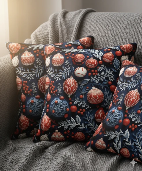 Yılbaşı Lacivert Küreler Desenli Dijital Baskılı 2'li Kırlent 40 cm x 40 cm - Resim 6