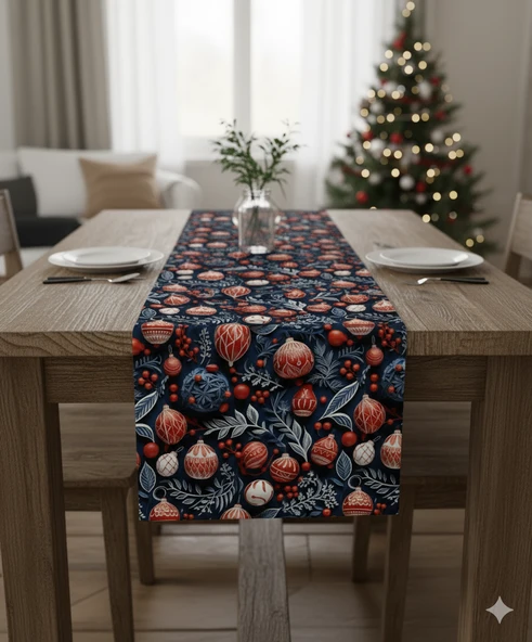 Yılbaşı Lacivert Küreler Desenli Dijital Baskılı Runner 140 cm x 45 cm - Resim 2