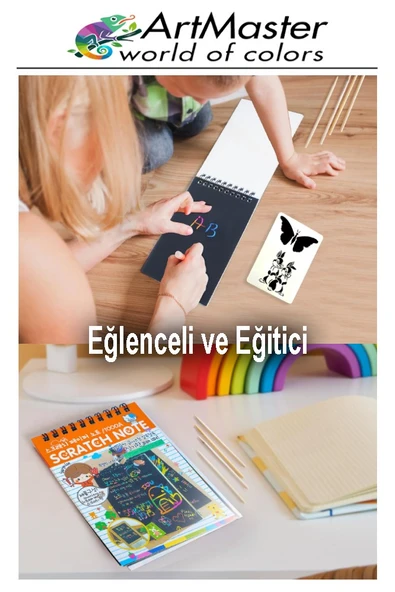 Gökkuşağı Kazıma Defteri Sihirli A4 20x30 cm 3 Paket 10 Sayfa Spiralli Scratch Note Spralli Siyah Sihirli Resim Defteri - 5