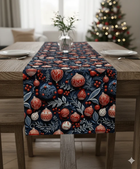 Yılbaşı Lacivert Küreler Desenli Dijital Baskılı Runner 140 cm x 45 cm ürün görseli