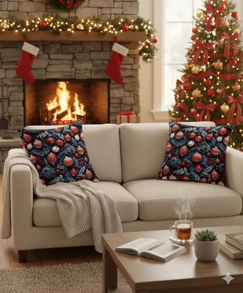 Yılbaşı Lacivert Küreler Desenli Dijital Baskılı 2'li Kırlent 40 cm x 40 cm - Resim 5