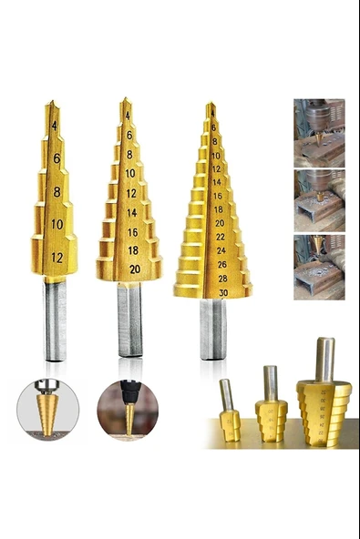 3 lü Set Matkap Ucu Kademeli Sac Delme Aparatı HSS Titanyum Kaplama (5314)