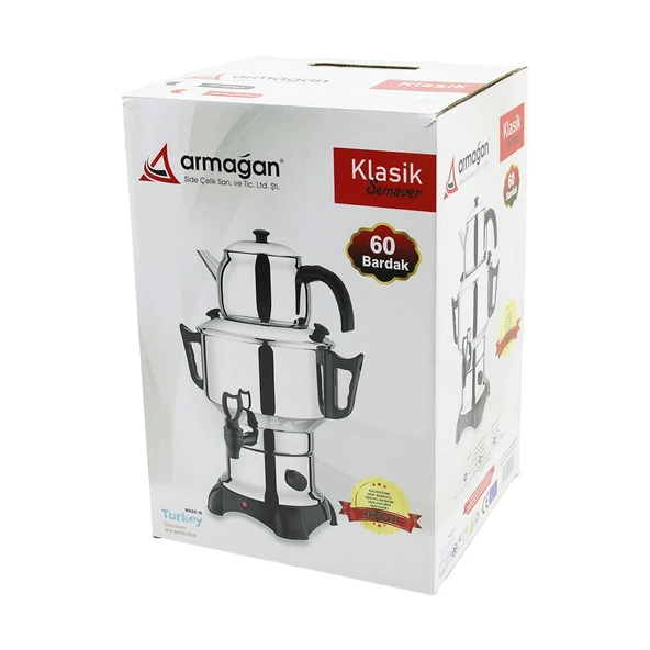KLASİK ÇAY SETİ=DEMLİK - SU KAZANI ELEKTRİKLİ SEMAVER 60 BARDAK 6LT - TEK MUSLUK 1500W GİZLİ REZİSTANS (5314)