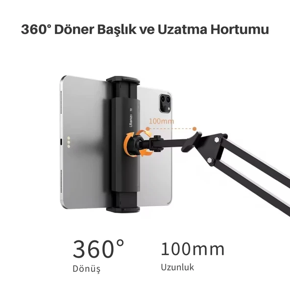ShopyTech Metal 360° Uzun Kol Tablet/Telefon Standı Kelepçeli Masa/Yatak Başlığı Tutucu 6¨-12.9¨Uyumlu - Resim 6