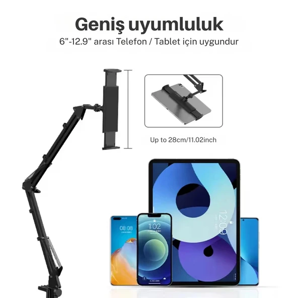 ShopyTech Metal 360° Uzun Kol Tablet/Telefon Standı Kelepçeli Masa/Yatak Başlığı Tutucu 6¨-12.9¨Uyumlu - Resim 2