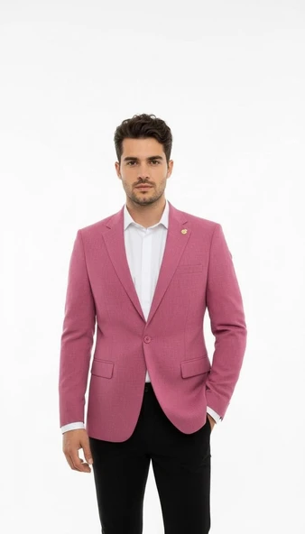 Plus Scorpion Gül Kurusu Erkek Slim Fit Tek Düğmeli Blazer Ceket – Astarlı, Şık ve Modern Kesim - Resim 3