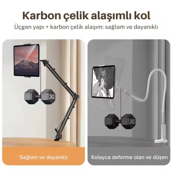 ShopyTech Metal 360° Uzun Kol Tablet/Telefon Standı Kelepçeli Masa/Yatak Başlığı Tutucu 6¨-12.9¨Uyumlu - Resim 4