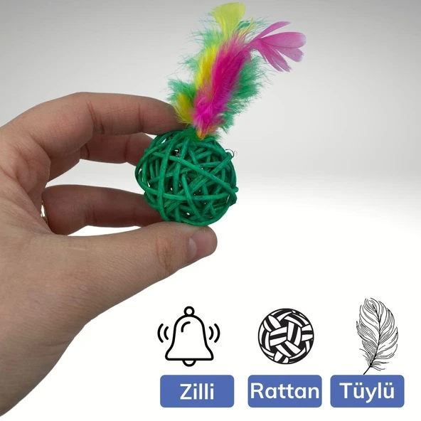 2li Rattan Renkli Peluş Tüy Kedi Köpek Oyuncak Yakalama Çiğneme Çıngıraklı Top Oyuncağı (5314) - 5