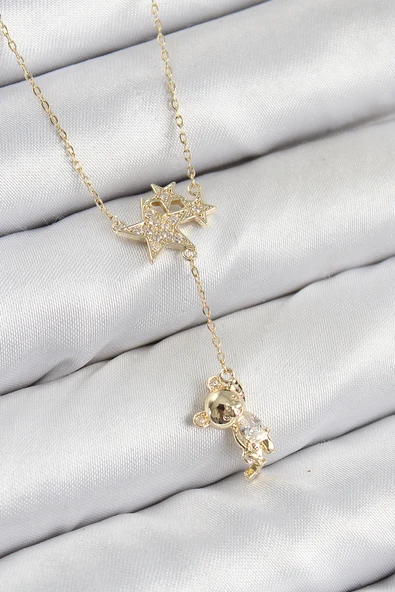 Pirinç Zirkon Taşlı Sallantılı Ayıcıklı Yıldız Model Gold Renk Kadın Kolye - TJ-BKO10418 ürün görseli