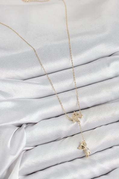 Pirinç Zirkon Taşlı Sallantılı Ayıcıklı Yıldız Model Gold Renk Kadın Kolye - TJ-BKO10418 - Resim 2