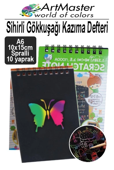 Gökkuşağı Kazıma Defteri Sihirli A6 10x15 cm 1 Paket 10 Sayfa Spiralli Scratch Note Spralli Siyah Sihirli Resim Defteri