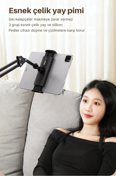 ShopyTech Metal 360° Uzun Kol Tablet/Telefon Standı Kelepçeli Masa/Yatak Başlığı Tutucu 6¨-12.9¨Uyumlu - Resim 8