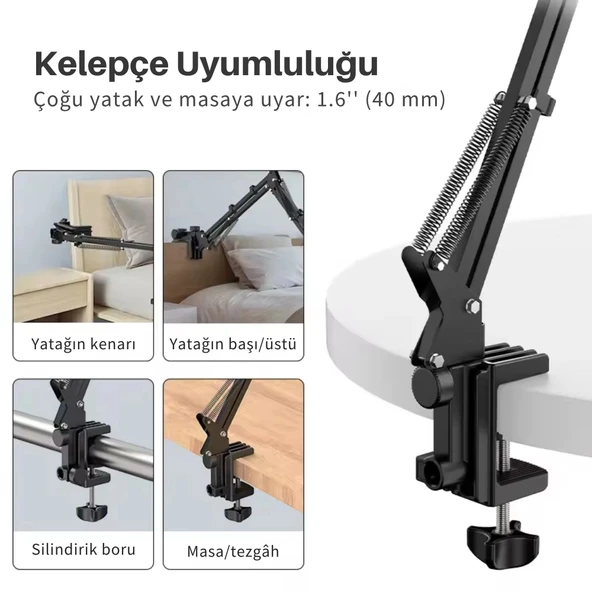 ShopyTech Metal 360° Uzun Kol Tablet/Telefon Standı Kelepçeli Masa/Yatak Başlığı Tutucu 6¨-12.9¨Uyumlu - Resim 5