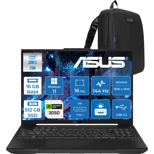 Tuf Gaming F16 FX607VJ Intel Core 5-210H 16GB 512GB SSD RTX3050 6gb 16 Inç Wuxga 144Hz IPS Windows 11 Pro Gaming Notebook RL033P07 + Zetta Çanta ürün görseli 1