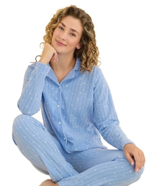 Cozy Polar Kumaş Düğmeli Kışlık Kadın Pijama Takımı S/2XL Yumuşak Tam Kalıp Ev Giyim ürün görseli