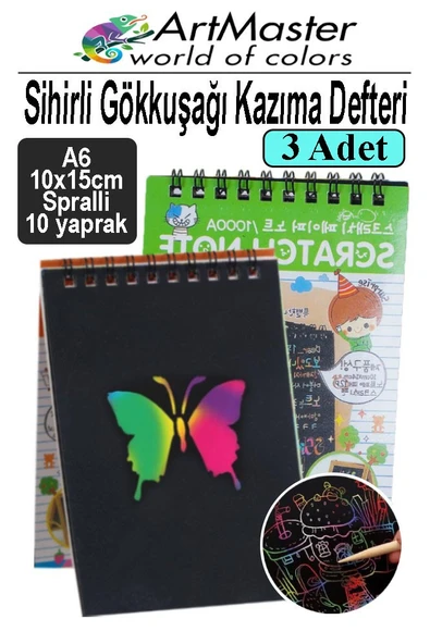Gökkuşağı Kazıma Defteri Sihirli A6 10x15 cm 3 Paket 10 Sayfa Spiralli Scratch Note Spralli Siyah Sihirli Resim Defteri