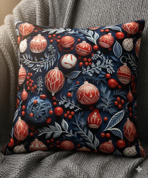 Yılbaşı Lacivert Küreler Desenli Dijital Baskılı 2'li Kırlent 40 cm x 40 cm ürün görseli