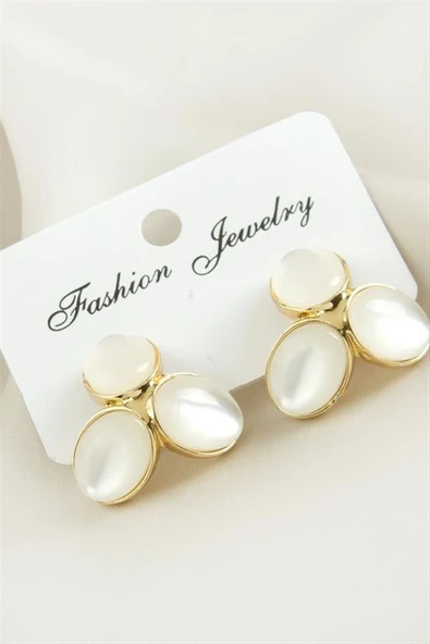 Oval Sedef Taşlı Metal Küpe