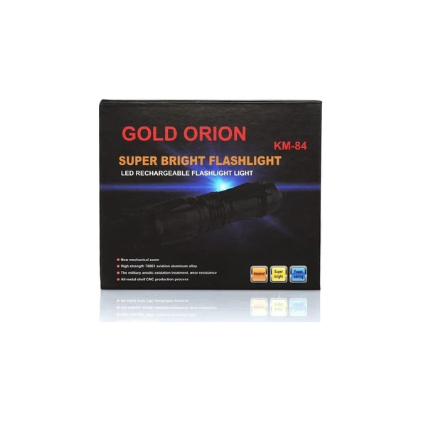 Gold Orion Km-84 Tasarruflu Şarjlı Zoomlu Metal El Feneri Kemer Klipsli - Resim 5
