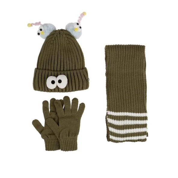 Kitti Çocuk Kız Atkı Bere Eldiven Takım (4-8 Yaş) K24170-09 Yeşil ürün görseli