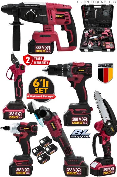 Deko 388VF Kömürsüz 6'lı Set 4 Akülü Somun Sökme-Taşlama-Darbeli Vidalama-Dal Budama & Makas ürün görseli 1