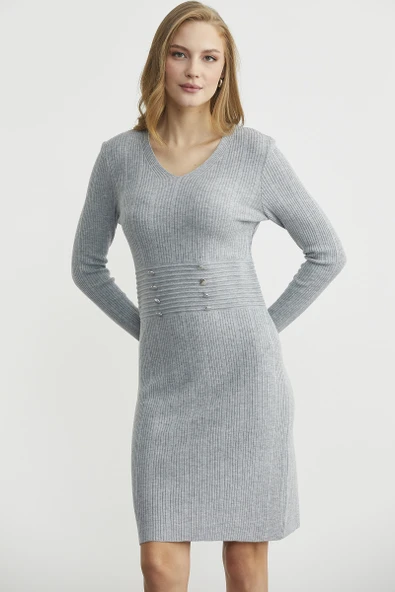 Düğme Detaylı V Yaka Triko Elbise - Gri - Resim 3