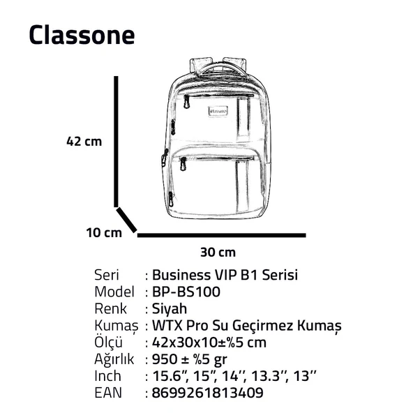 Classone BP-BS100 Business VIP B1 - Serisi 15.6' WTX Pro Su Geçirmez Kumaş Laptop Sırt Çantası-Siyah - Resim 6