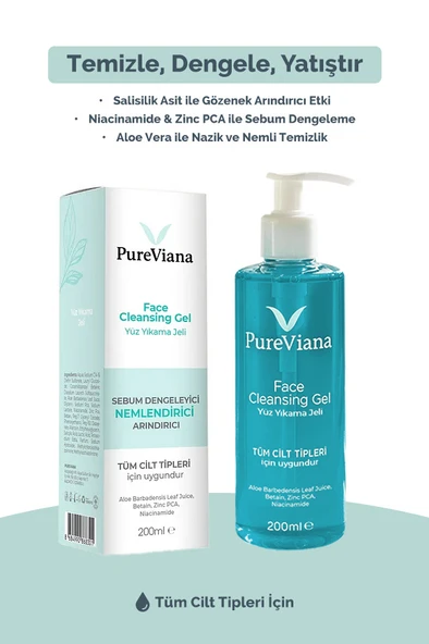 PureViana Yüz Temizleme Jeli 200ML - Aloe Vera + Niacinamide + Bha - Siyah Nokta & Akne Karşıtı, Gözenek Temizleyici - Resim 3