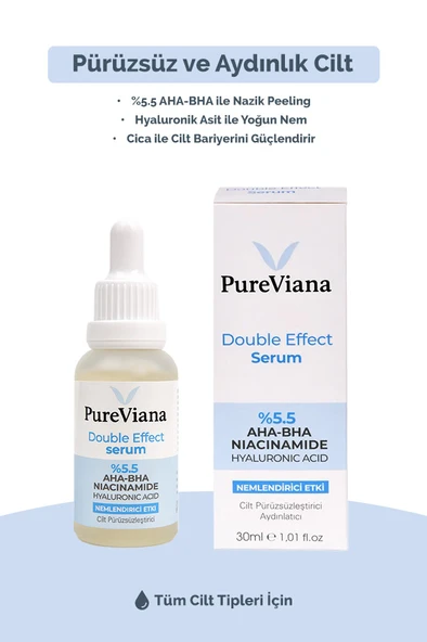 PureViana Double Effect Serum 30ML - AHA-BHA + Niacinamide + Hyaluronik Asit - Aydınlatıcı, Gözenek Sıkılaştırıcı, Ton Eşitleyici - Resim 3