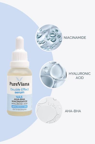 PureViana Double Effect Serum 30ML - AHA-BHA + Niacinamide + Hyaluronik Asit - Aydınlatıcı, Gözenek Sıkılaştırıcı, Ton Eşitleyici - Resim 2