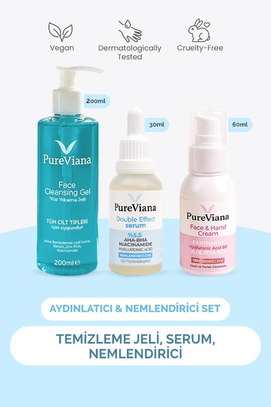 PureViana Aydınlatıcı & Nemlendirici Cilt Bakım Seti - 3’lü - Temizleme, Serum, Nemlendirici ürün görseli
