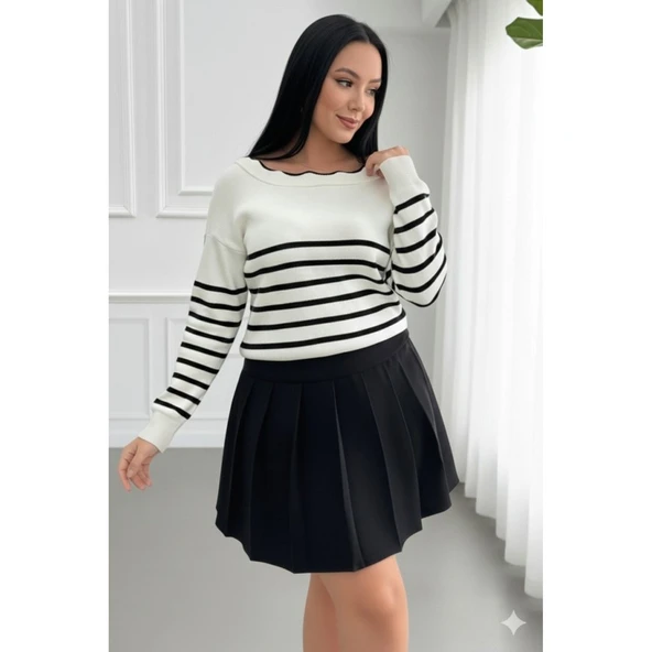 Lucky Life Kadın Beyaz Sırt Bağlama Detaylı çizgi Desen Triko Bluz - Resim 2