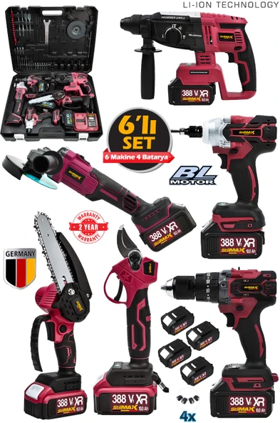 Stilmax 388VF 10AH 6'lı Set Kırıcı Delici Matkap Taşlama Somun Sökme Dal Budama Makas Akülü ürün görseli 1