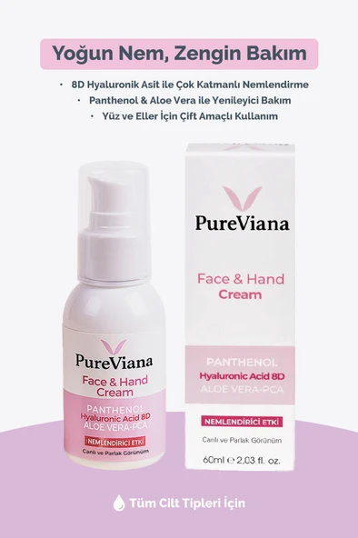 PureViana Yüz & El Kremi 60ML - Hyaluronik Asit 8d + Aloe Vera + Cica + Shea - Nemlendirici, Bariyer Onarıcı - Resim 2