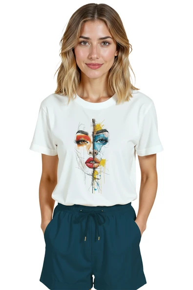 Kadın Beyaz Relaxed Fit %100 Pamuk Tişört – Bölünmüş Renkli Portre Baskılı - Resim 6