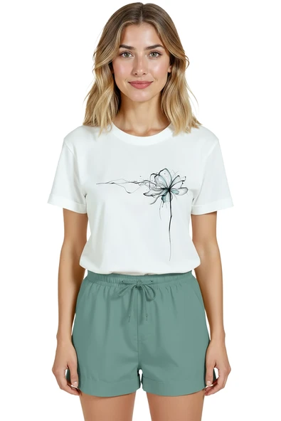 Kadın Beyaz Relaxed Fit %100 Pamuk Tişört – İnce Mürekkep Çiçek Baskılı - Resim 7