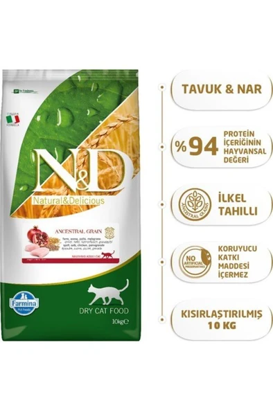 N&D Düşük Tahıllı Tavuklu Ve Narlı Kısırlaştırılmış Yetişkin Kedi Maması 10 Kg - Resim 2