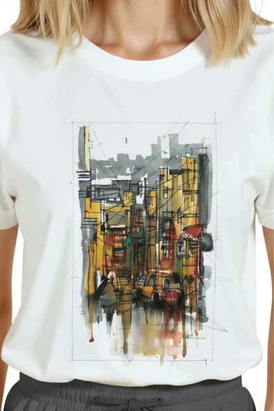 Kadın Beyaz Relaxed Fit %100 Pamuk Tişört – Yağmurlu Şehir Sokağı Suluboya Baskılı - Resim 8