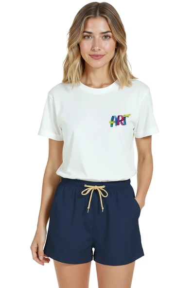 Kadın Beyaz Relaxed Fit %100 Pamuk Tişört – Renkli “ART” Suluboya Baskılı ürün görseli 1