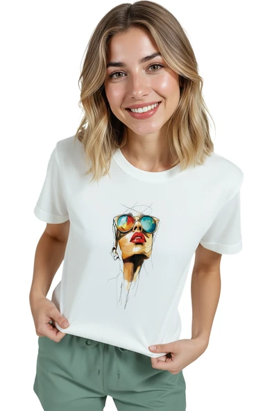 Kadın Beyaz Relaxed Fit %100 Pamuk Tişört – Renkli Gözlük ve Rujlu Portre Baskılı - Resim 3