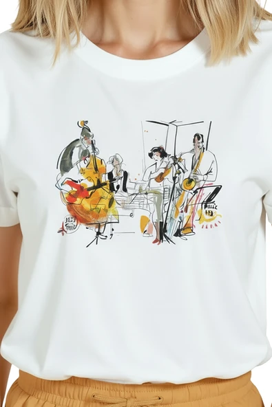 Kadın Beyaz Relaxed Fit %100 Pamuk Tişört – Caz Grubu Baskılı - Resim 8