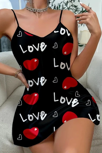 Love Desenli Siyah Saten Gecelik - Resim 4