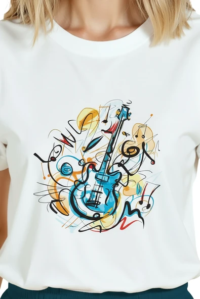 Kadın Beyaz Relaxed Fit %100 Pamuk Tişört – Soyut Gitar & Suluboya Müzik Baskılı - Resim 8
