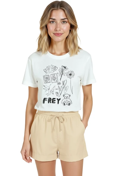 Kadın Beyaz Relaxed Fit %100 Pamuk Tişört – Doodle Kolaj Teddy & Çiçek Baskılı - Resim 7