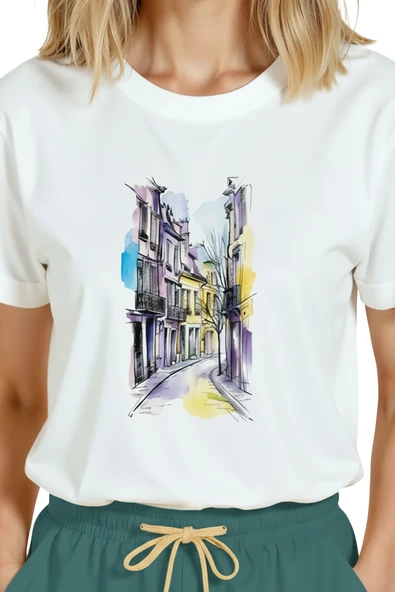 Kadın Beyaz Relaxed Fit %100 Pamuk Tişört – Suluboya Sokak & İnce Mürekkep Mimari Baskılı - Resim 8
