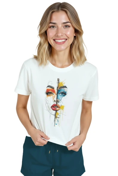 Kadın Beyaz Relaxed Fit %100 Pamuk Tişört – Bölünmüş Renkli Portre Baskılı - Resim 3